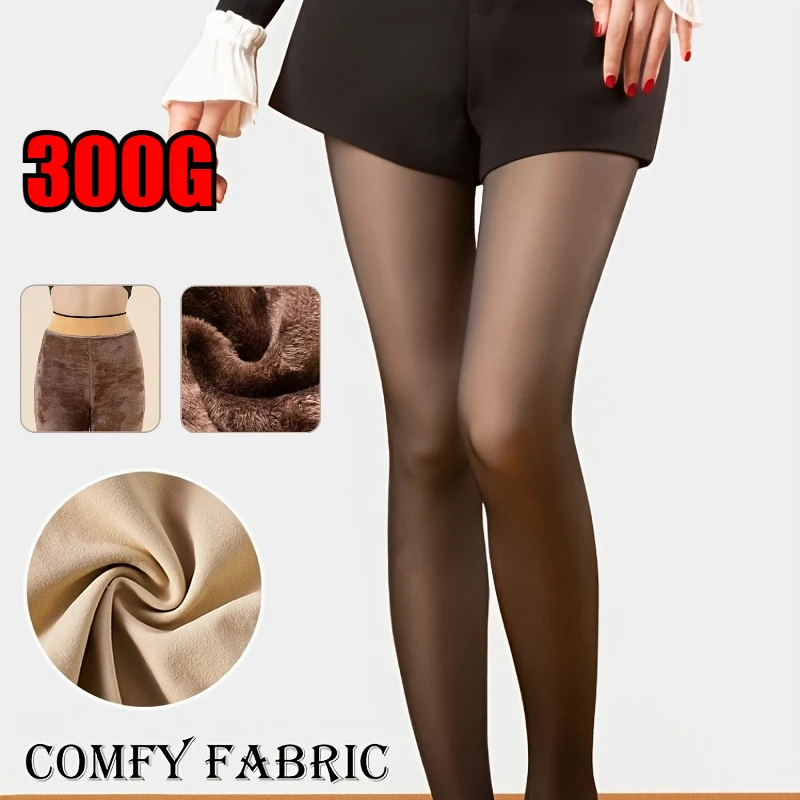 Thermal Pantyhose Women Fleece Lined Tights Winter Warm High Waist Tummy Control Slim Translucent Thick Black Stockings Elastic