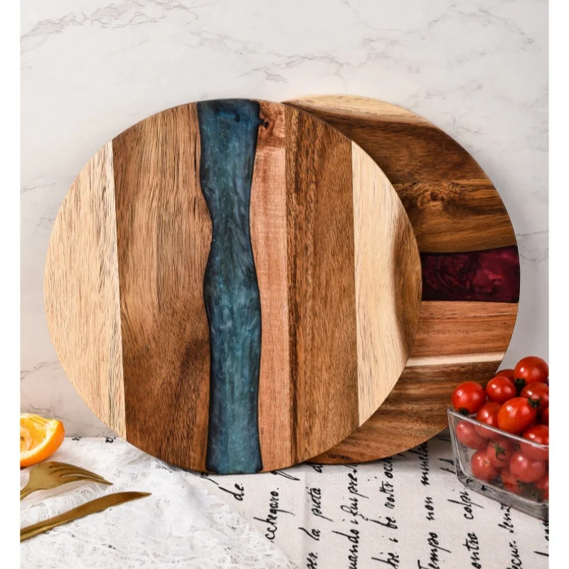 

Round Acacia Wood & Resin Food-Safe Cutting Board - Perfect Kitchen Tray for Steak, Snacks, Fruit | Home & Restaurant Use