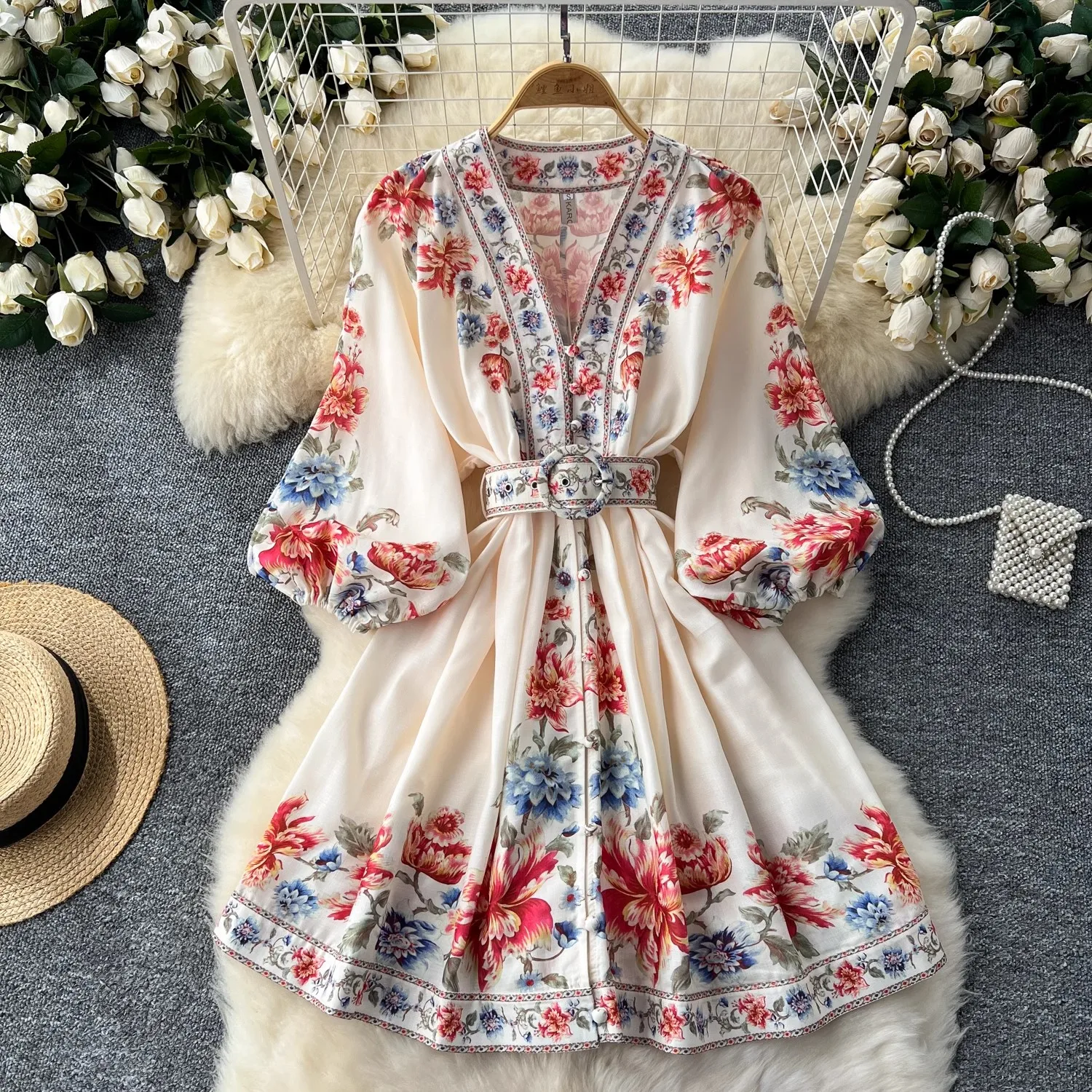 

Summer Holiday Linen Robe Dress Women's V-Neck Lantern Sleeve Floral Print Single Breasted Belt Mini Vestidos Female Clothing