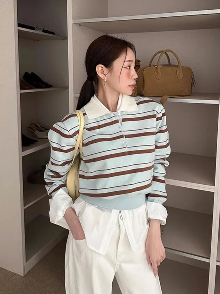 

Женский поло свитер Women Striped Knit Polo Top Long Sleeve Sweater Contrast Color Collar Half Button Loose Fit Casual Spring
