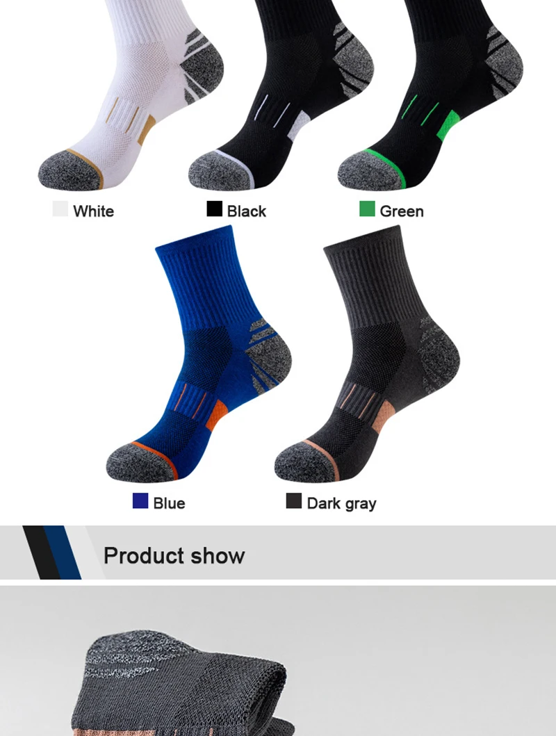 5 Paar Herbst-Herrensocken aus Baumwolle, mittellang, hohe Elastizität, atmungsaktives Mesh, dickes Frottee, schweißableitende Sportsocken – Detail 8