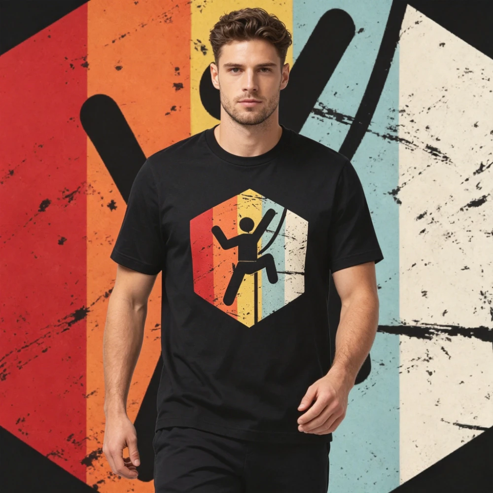 Retro Rock Climbing Graphic T-Shirt Men Casual Black Hexagon Sunset Stripe Climber Print Cotton Tee Outdoor Streetwear