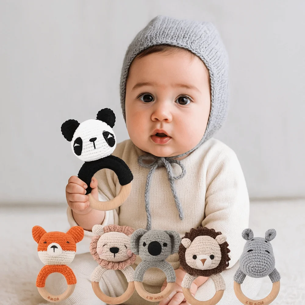 Chocalho de bebê leão, panda, elefante em forma de animal design de desenho animado crochê chocalho animal coala, raposa, hipopótamo função musical
