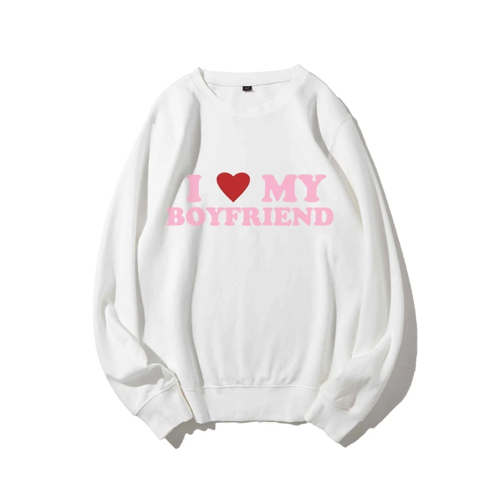 I Love My Boyfriend Casual Crewneck Sweatshirt Couples Lover Valentine Women’s Autumn Winter Sweatshirt Pink Graphic Tee Outfit