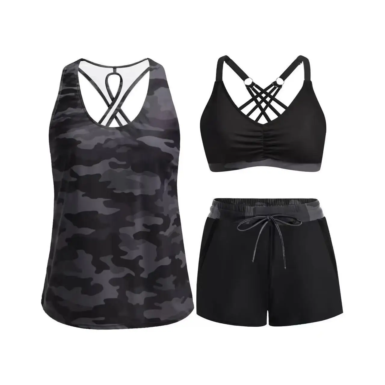 Women Palm Leaf Print 3 Piece Tank Bikini Set Criss Cross Back Top Drawstring Boyshort Swimsuits Bathing Suits Beach Swimwear