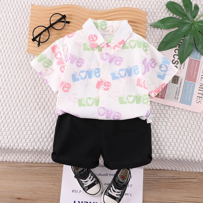 

Western Baby Boys Boutique Clothing 2024 Summer New Letter Printed Turn-down Collar Short Sleeved Shirts + Shorts Boy Outfit Set