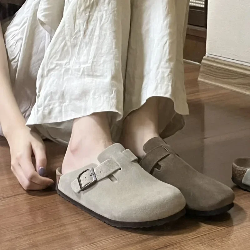 Lazy Baotou Half Slippers, unisex, wearing leather and cork sandals, casual retro style