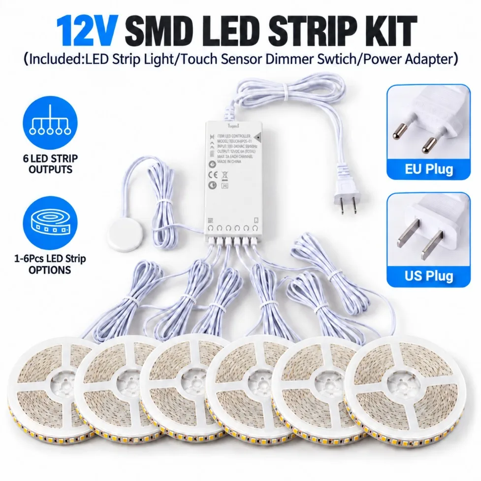 12V SMD LED Strip Kit Touch Sensor Dimmer Switch Controller 1-6Pcs Flexible LED Tape Light with Power Adapter for Home Decor