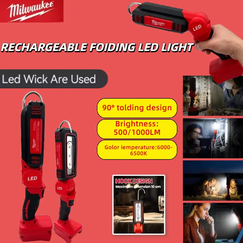 Milwaukee-luz LED de trabajo recargable para acampada, linterna superbrillante con gancho, modos de iluminación aptos para trabajo nocturno, inspección de automóviles