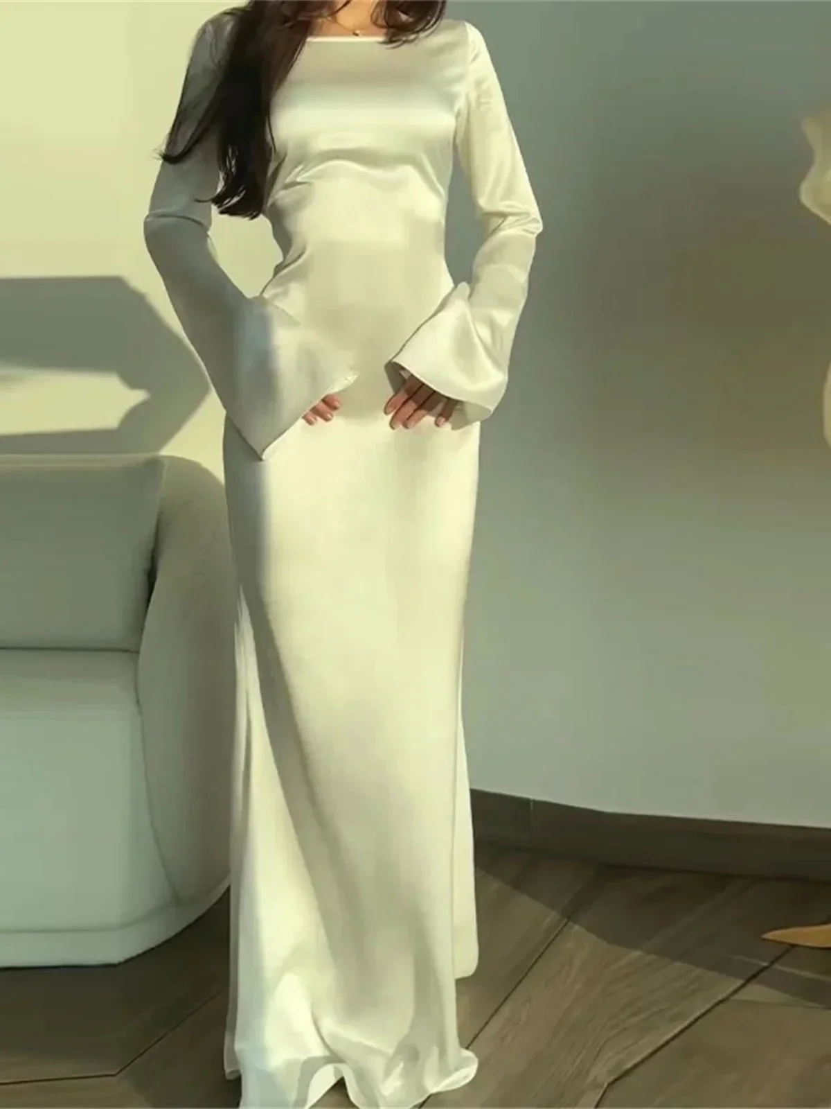 

Sexy Slim Fit Evening Gown round Ne Long Sve Mid-Length A-Line Dr l Waist Polyester Fabric Spring Autumn Wear