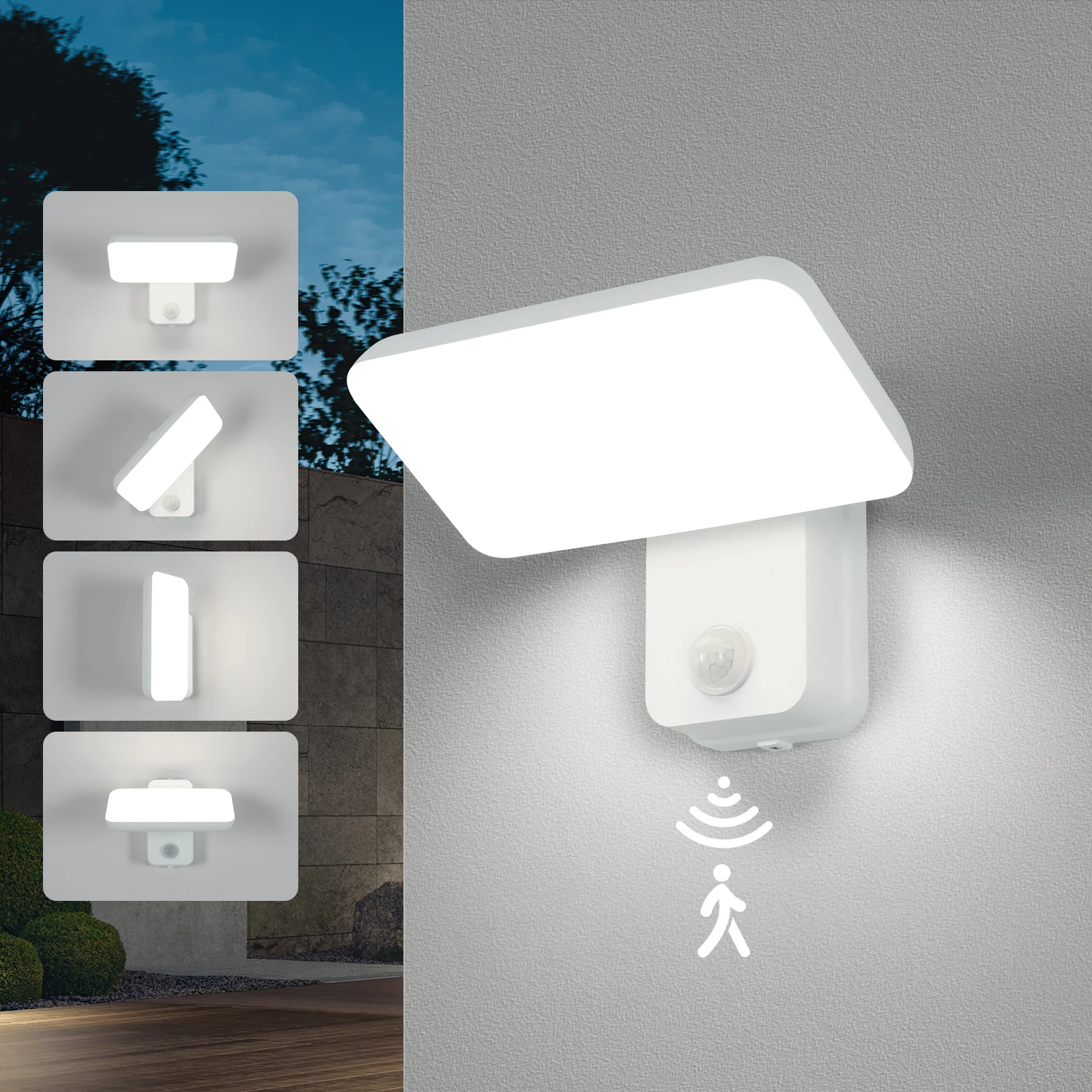 Lampe murale extérieure 1800lm, source de lumière rotative blanc froid 6500K, lampe murale 16W avec capteur de mouvement pour porche et cour