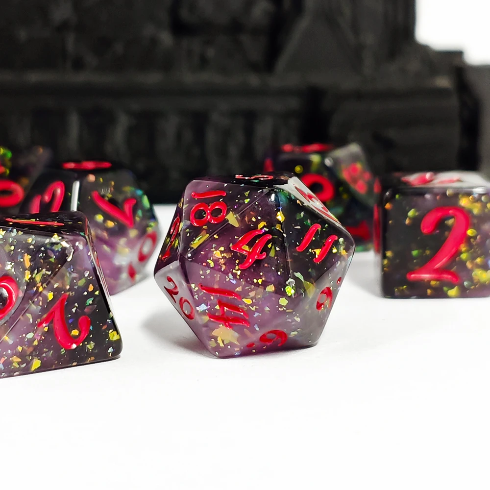 7pcs Black Galaxy Dice Set, Polyhedral with Red Digits for DND Black Sparkle Foil for RPG & MTG