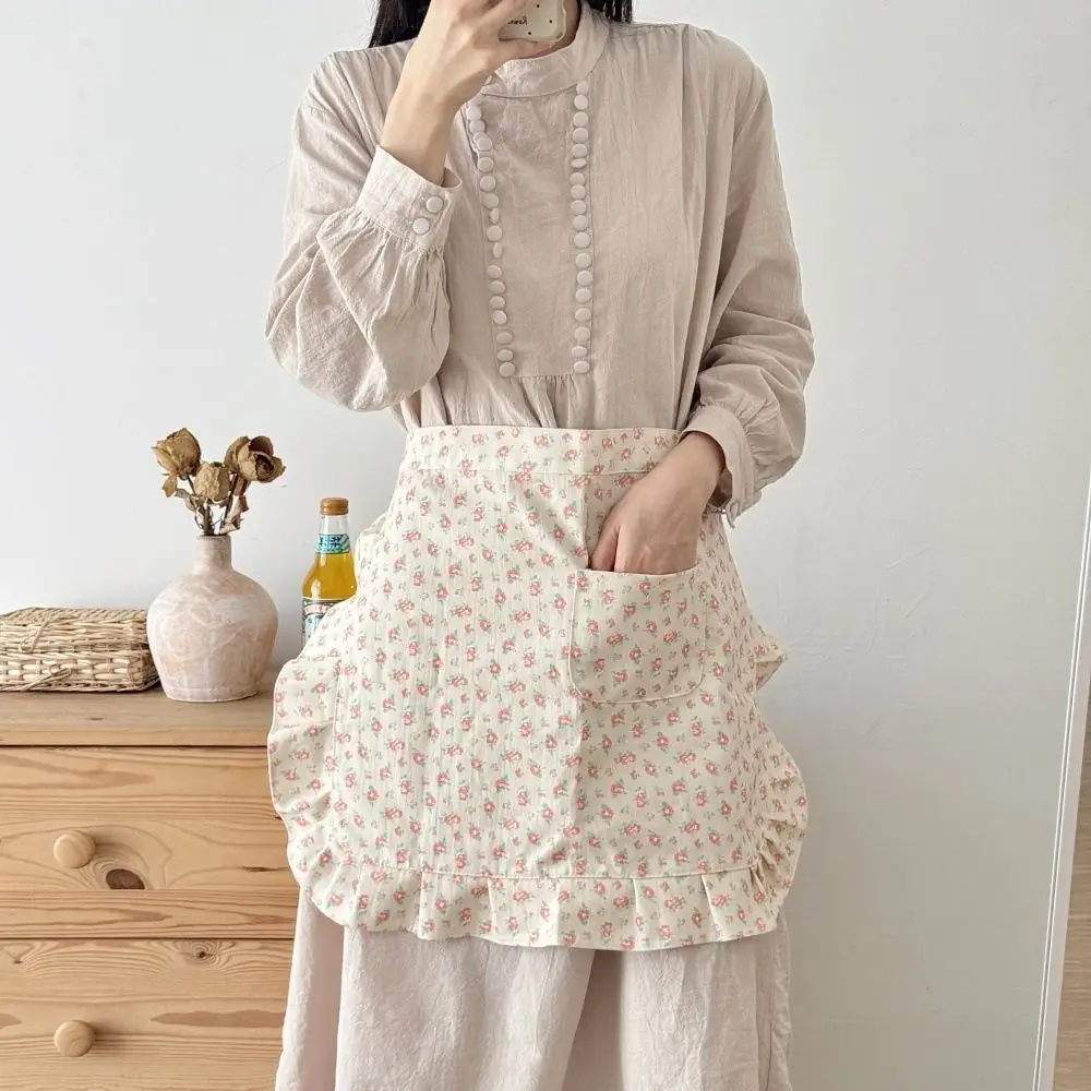Korean Style Floral Lace Apron Floral Pattern Cotton Material Work Apron with Pocket Anti Fouling Apron Spring Summer