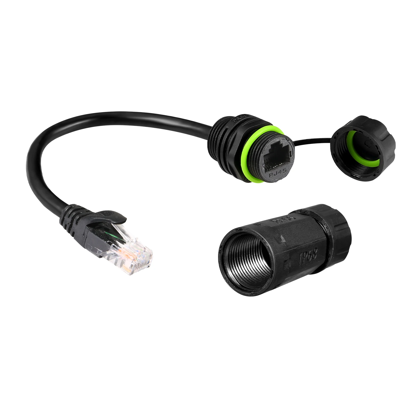 1 ST RJ45 8p8c Waterdichte Connector, RJ45 man-vrouw, Paneelmontage type, zinklegering body + PA66 plastic + koper contact 250mm