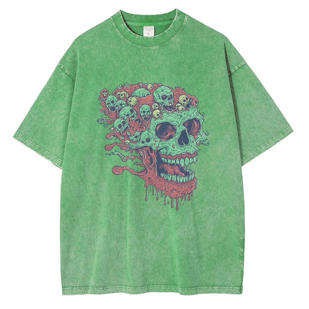 Monster Zombie Skull Graphic T Shirts Heavyweight Cotton Distressed Washed Mens Tops Colorful Cartoon Style Oversized T Shirt