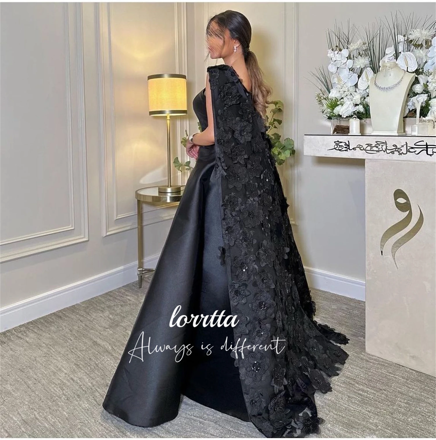 Lorrtta Formal Dress Black Line A Satin Three-dimensional Flower Shawl Eid Luxury Evening Dresses 2024 Ball Gowns Prom Gown Gala