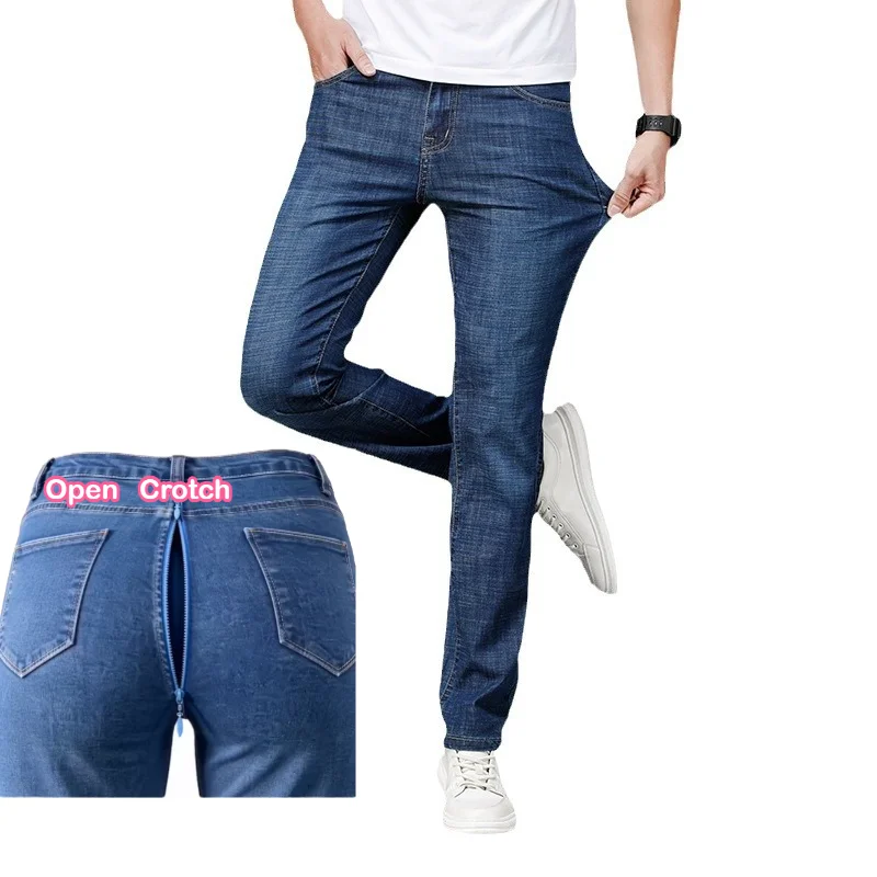 

Men Sexy Open Crotch Jeans Loose Elastic Straight Leg Denim Pants Casual Style Plus Size Stretchy Fabric Comfortable Daily Wear
