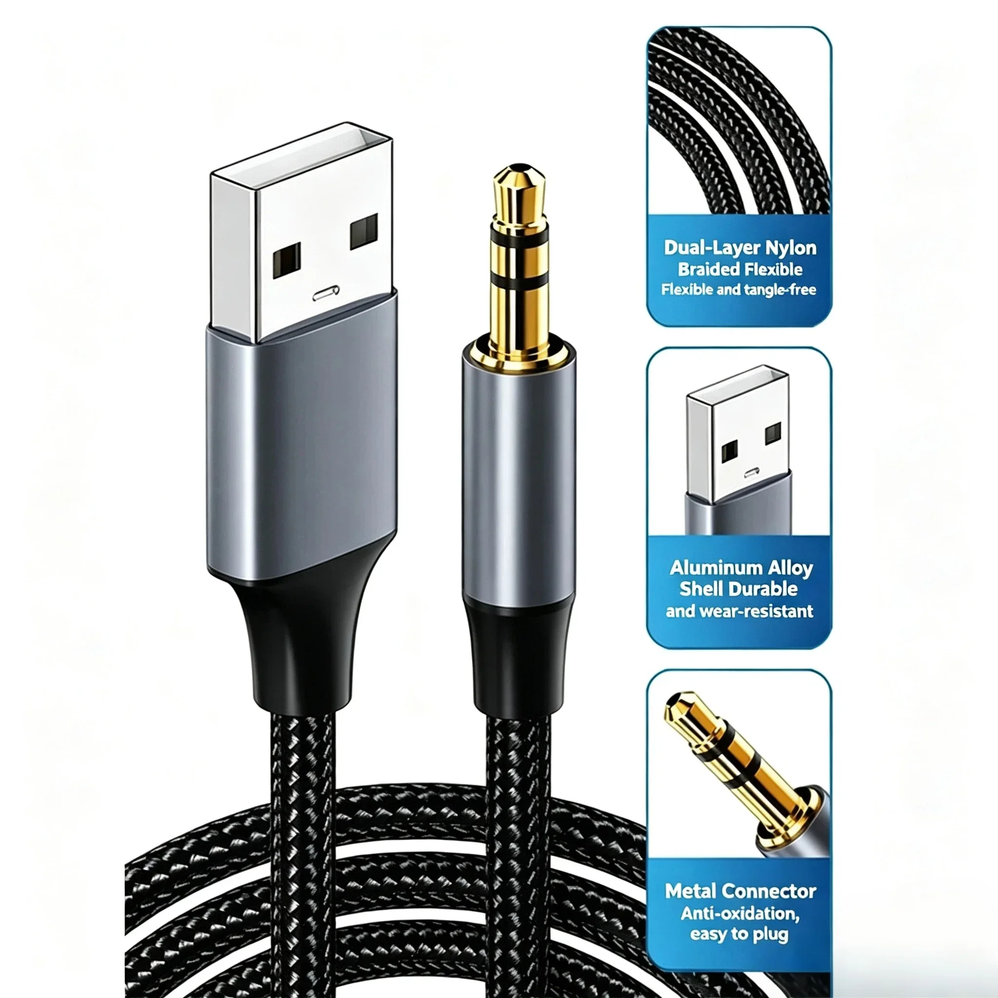 USB A & USB‑C to 3.5mm AUX Audio Cable, Nylon Braided Hi‑Fi Stereo Aux Cord for Car, Speaker, Headphones, Android Phones