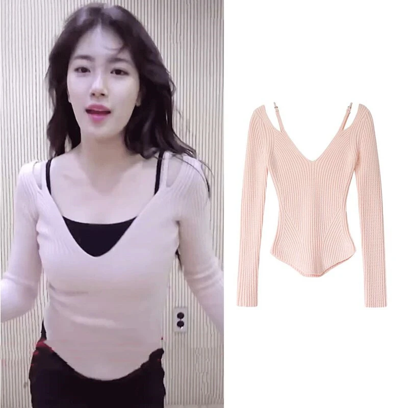 Kpop Korean 2023 New Spring Summer Sexy Sling Sweater Woman V-Neck Pullover Hollow Knitted Tops Female Casual Fake Two Sweaters