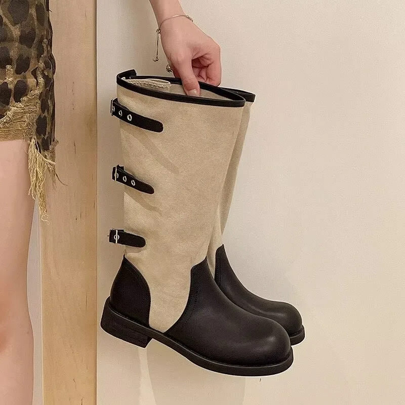 Vintage Spliced Block Heel Shoes Women's 2026 New Summer Platform Small Man Longtube Knight Boots view 2