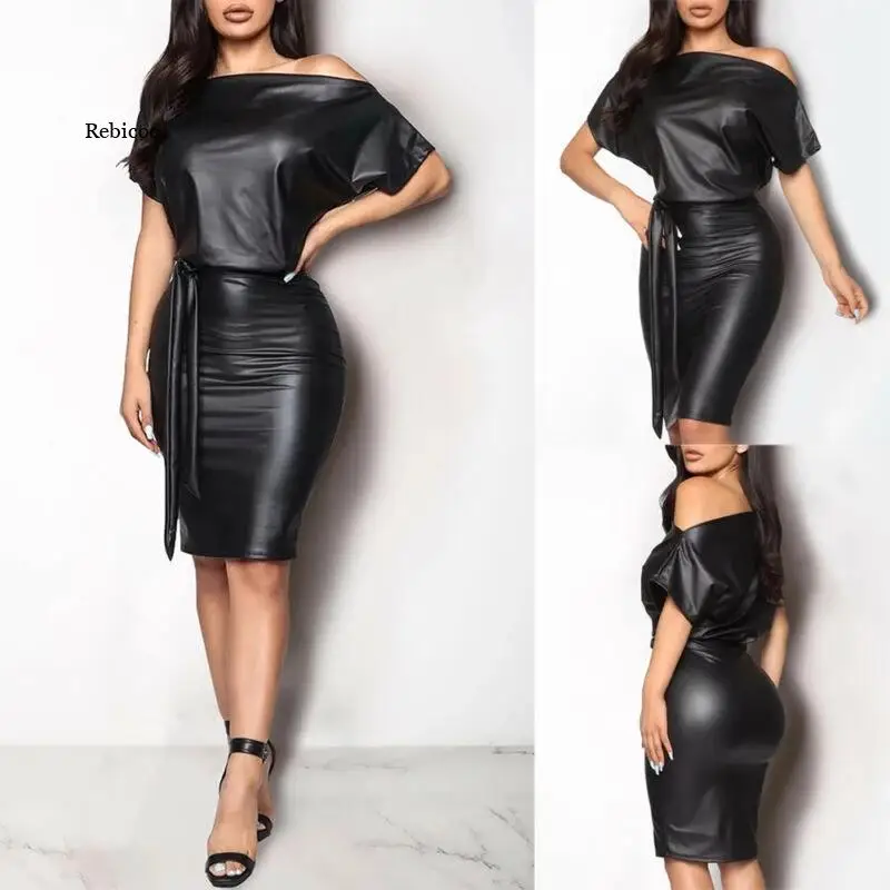 

New Fashion Ladies PU Feather Jumpsuit Sexy Black Diagonal Collar Tight Bandage Party Club Jumpsuit Gothic Style