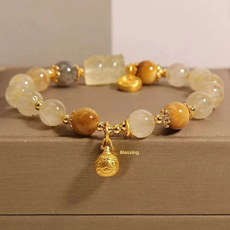 Chinese Style Lucky 8mm 10mm Natural Golden Rutilated Quartz Tiger Eye Stone Bracelet With Pixiu Money Swallowing Beast Fu Charm