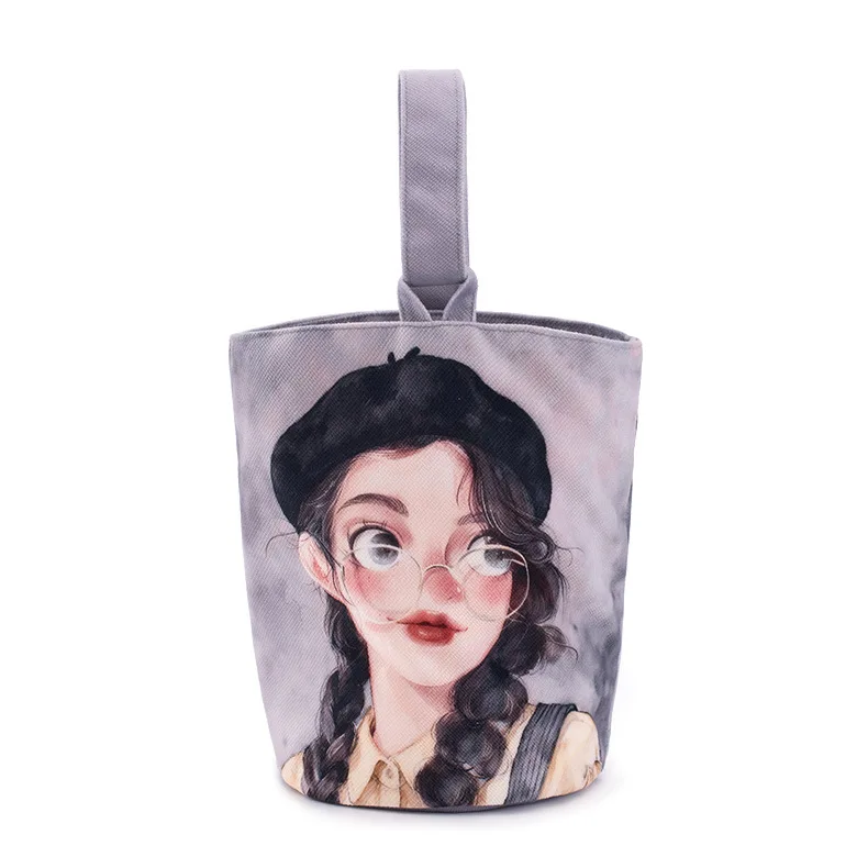 1pcsTwill short velvet bucket bag Jewelry cosmetic pouches printed shopping round bottom velvet carrying canvas bag customizable