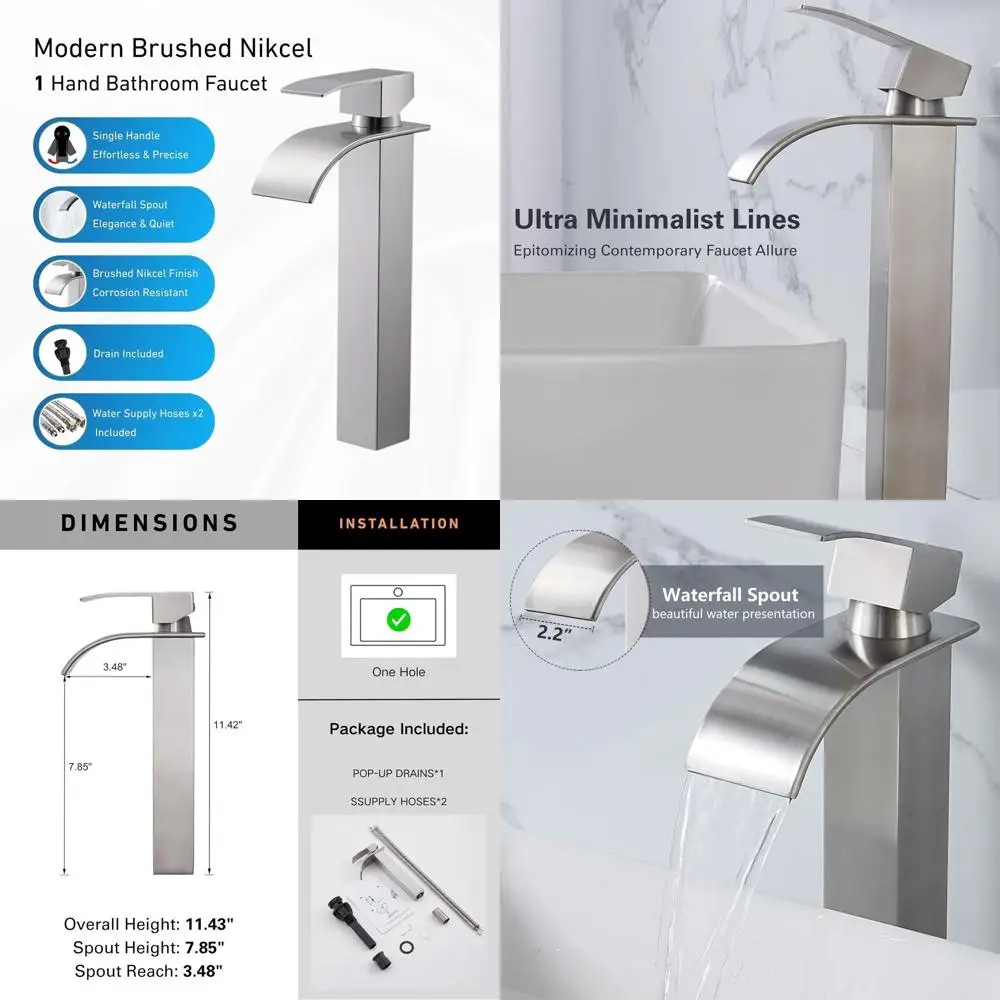 

Brushed Nickel Single Handle Tall Waterfall Faucet with Pop-Up Drain for 1-Hole Vessel Sinks