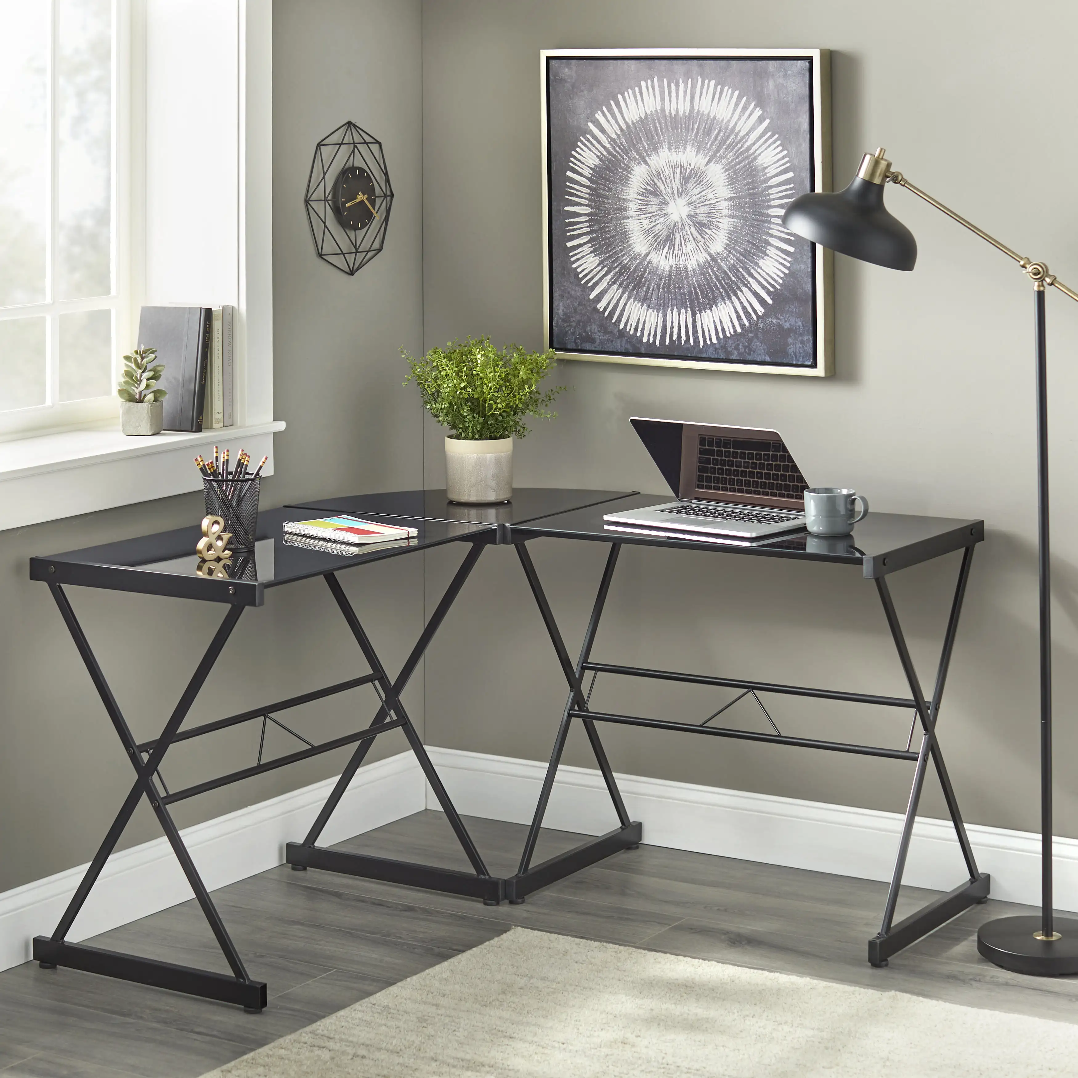 

L-Shaped Computer Desk Modern Corner Desk Home Office Writing Sturdy ,Black, Clear and White