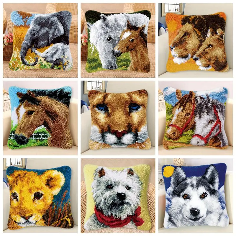 

DIY Latch Hook Rug Kits Wild Animals Series 3D Segment Embroidery Pillow Wool Cross Stitch Carpet Embroidery Pillow knooppakket