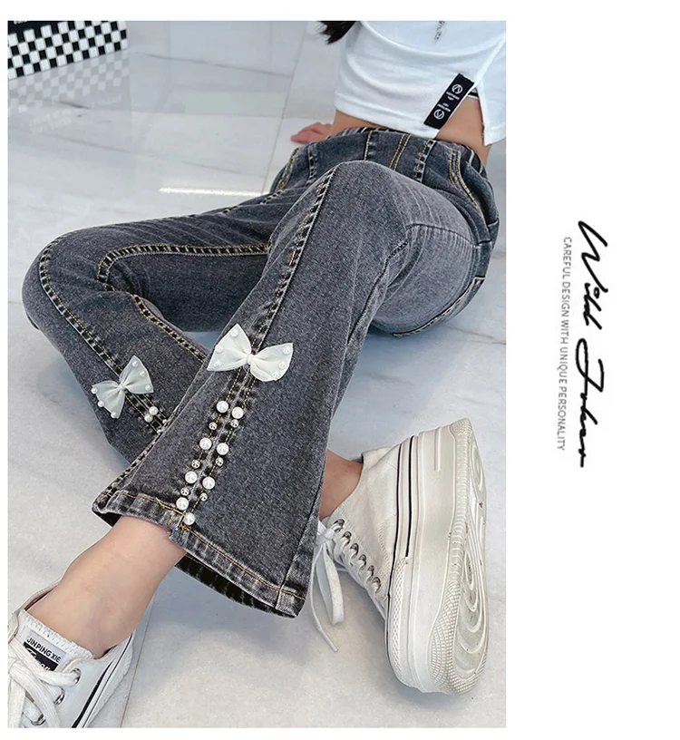 Elegante Kinder-Jeans mit Schlitz und Perlen für Mädchen, schmal geschnittene Denim-Hose mit Schleife, Kinderhose mit Schleife, Größe 5 6 7 8 9 10 11 12 13 14 – Detail 9