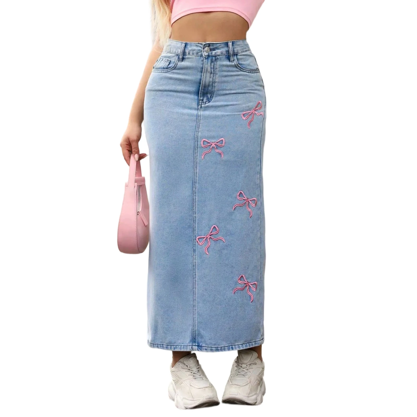 

Women Summer Denim Skirts Casual Bow Embroidery Split Long Jeans Skirt for Beach Vacation Club Streetwear