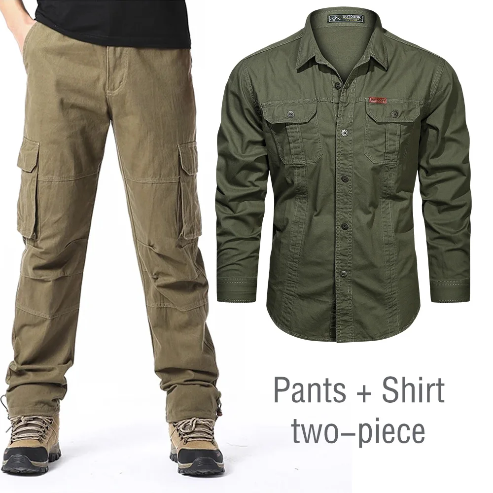 100% Cotton Cargo Pants+Shirt Men Solid Color 6 Pockets Trousers 2 Pockets Shirts Outdoor Casual Colthing High Quality Men suit