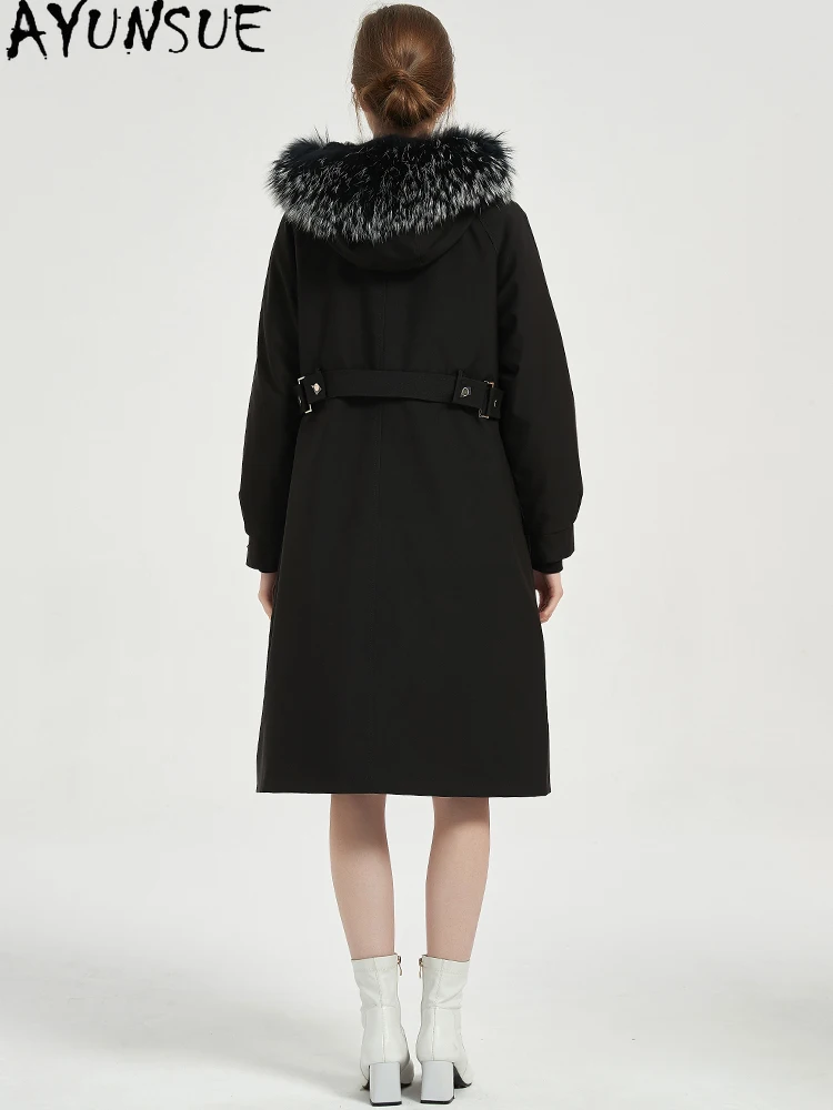 AYUNSUE-abrigo de piel de conejo Rex, Parka de piel auténtica 2025, ropa de invierno para mujer, abrigos cálidos con Cuello de piel de zorro de longitud media para mujer, abrigos femeninos de longitud media