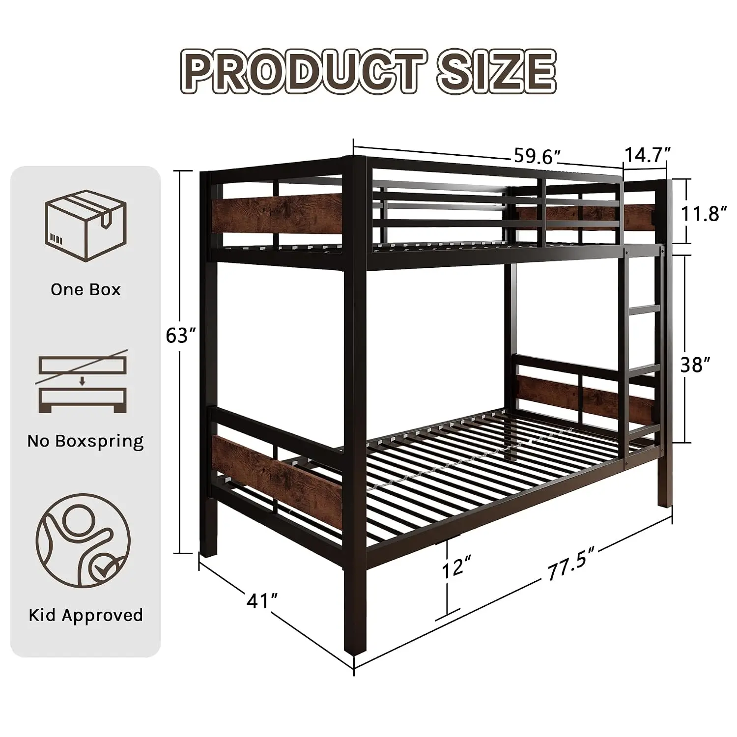 Bunk Bed Twin Over Twin, Heavy Duty Metal Bunkbeds with Full-Length Guardrail, Space-Saving Steel Bed for Kids &, Customized