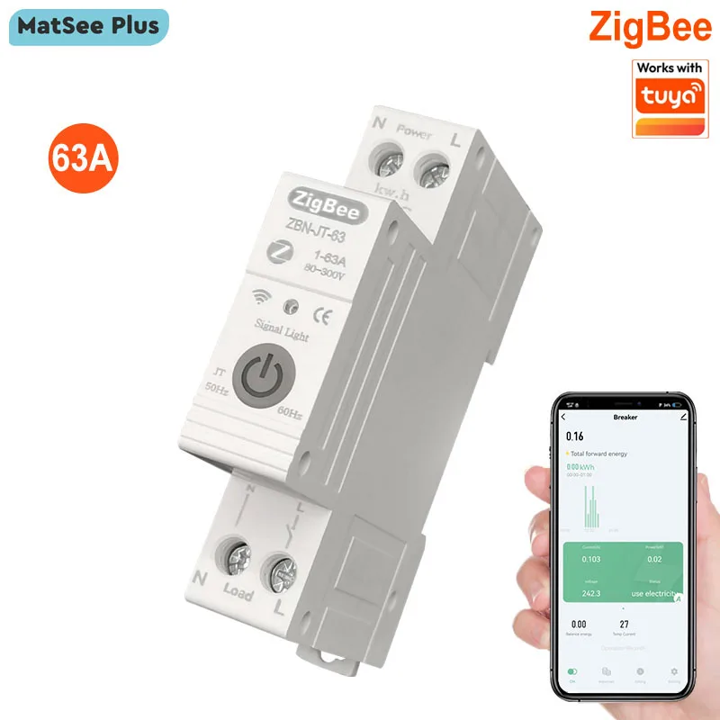 

Умный автоматический выключатель ZigBee 1P+N 63А с функцией автоматического повторного включения, измерителем энергии, дистанционным управлением через приложение и защитой от перенапряжения и перегрузки по току