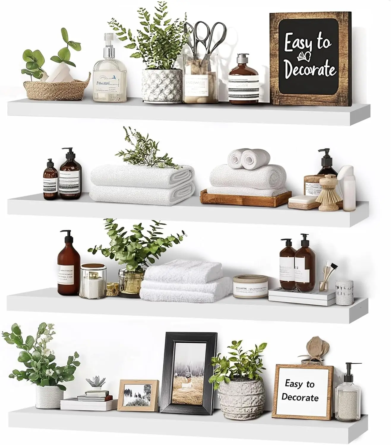 

Floating Wall Shelves 4-Pack, Rustic White 16-inch Wooden, Multi-Functional Storage & Decor, Easy Install for Living Room