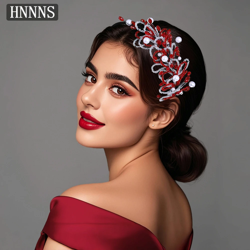 

HNNNS Bridal Wedding Jewelry Hair Accessories Red Crystal Headband White Large Pearl Headwear Elegant Romantic Headdress A188