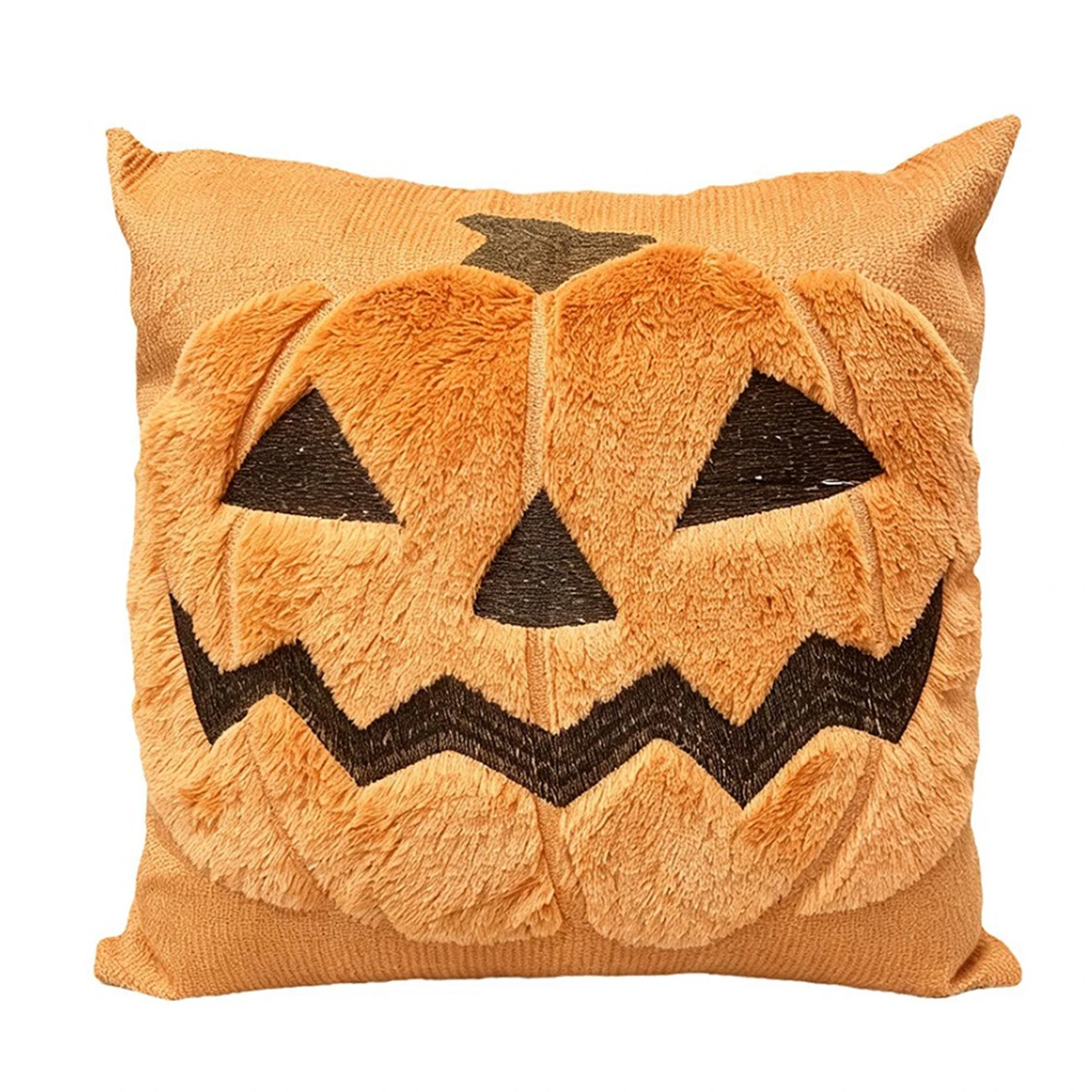 Square Halloween Cushion Cover 18x18 Pumpkin Ghost Plush Faux Fur Embroidery Hidden Zipper Sofa Bedroom