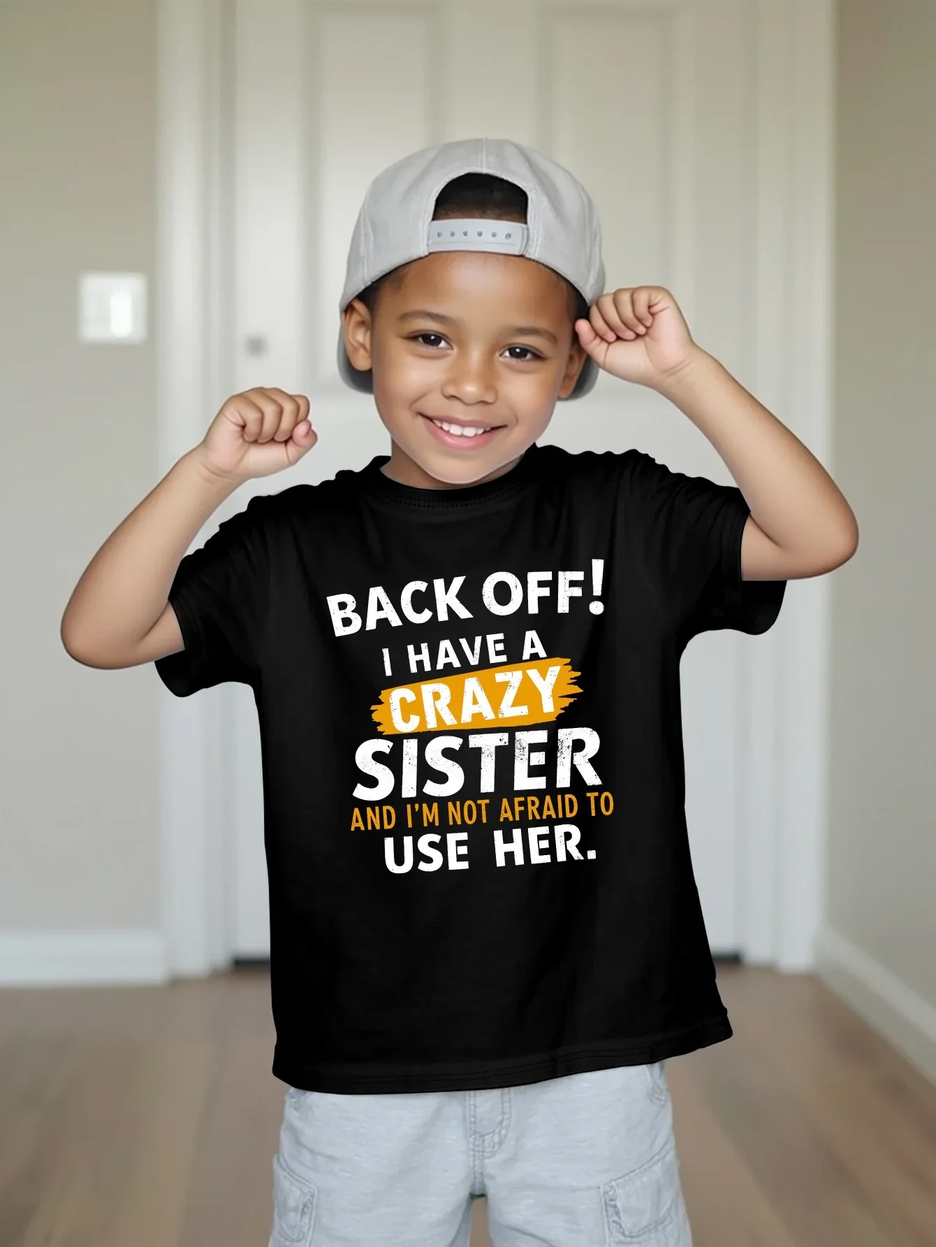 Back Off I Have A Crazy Sister Funny Family Text Graphic Print T Shirt Family Matching Boys Girls Kids Casual Short Sleeve Tops