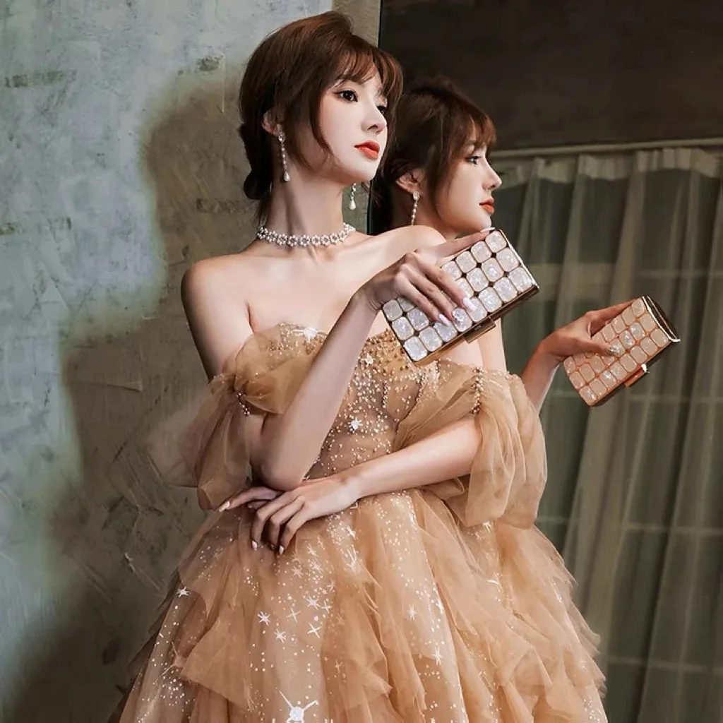 Вечернее платье цвета шампанского без бретелек с открытыми плечами и рюшами, расшитое бисером и блестками, ампир, тюль, трапециевидное платье для женщин, вечернее платье для выпускного вечера знаменитостей