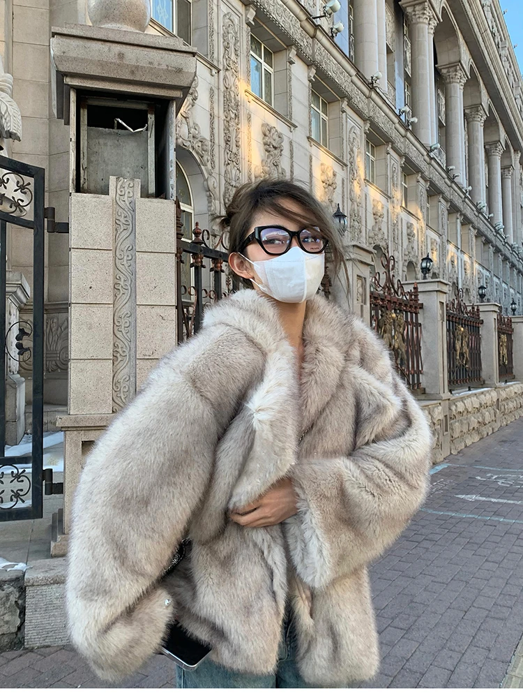 

New Women Autumn Winter Oversized Loose Casual Luxury Soft Thick Warm Hairy Faux Fox Fur Coat Women Long Sleeve Fluffy Jacket
