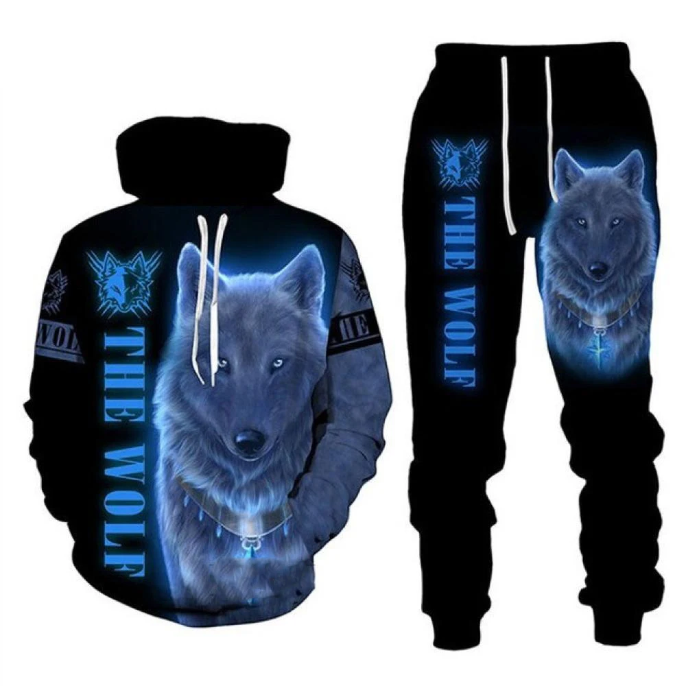 Lobo animal impressão 3d hoodies calças conjunto masculino outono moletom moletom rua sportwear duas peças ternos agasalho homem roupas