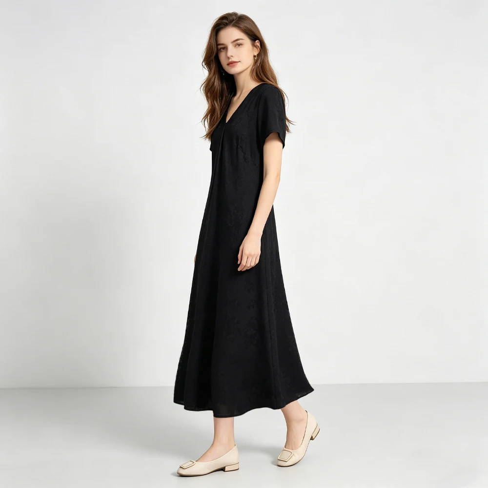 2026 Women's Casual Summer New 100% Natural Mulberry Silk Jacquard Satin Black V-neck Short Sleeved Diagonal Cut Dress