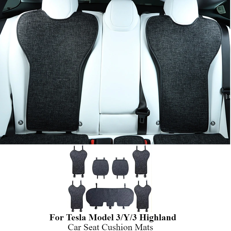 Car Seat Cushion Mats Breathable For Tesla Model 3/Y/3 Highland 2024 All Season Linen Back Seat Pad Protector Cover Accessories