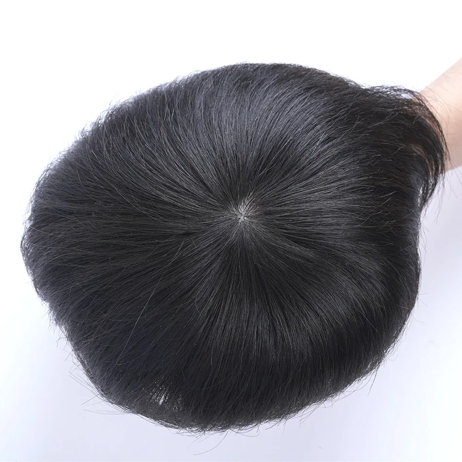 QHP Men Human Hair Toupee Swiss Lace Men\'s Wig Durable Capillary Prosthesis Handmade Indian Human Hair Clips Replacement System