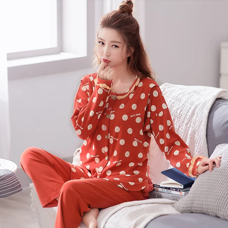 Maternity Pajamas Polka Dot Nursing Sleepwear Full Sleeve Nursing Pajama Set Pure Cotton O-Neck Cardigan Breastfeeding Clothes