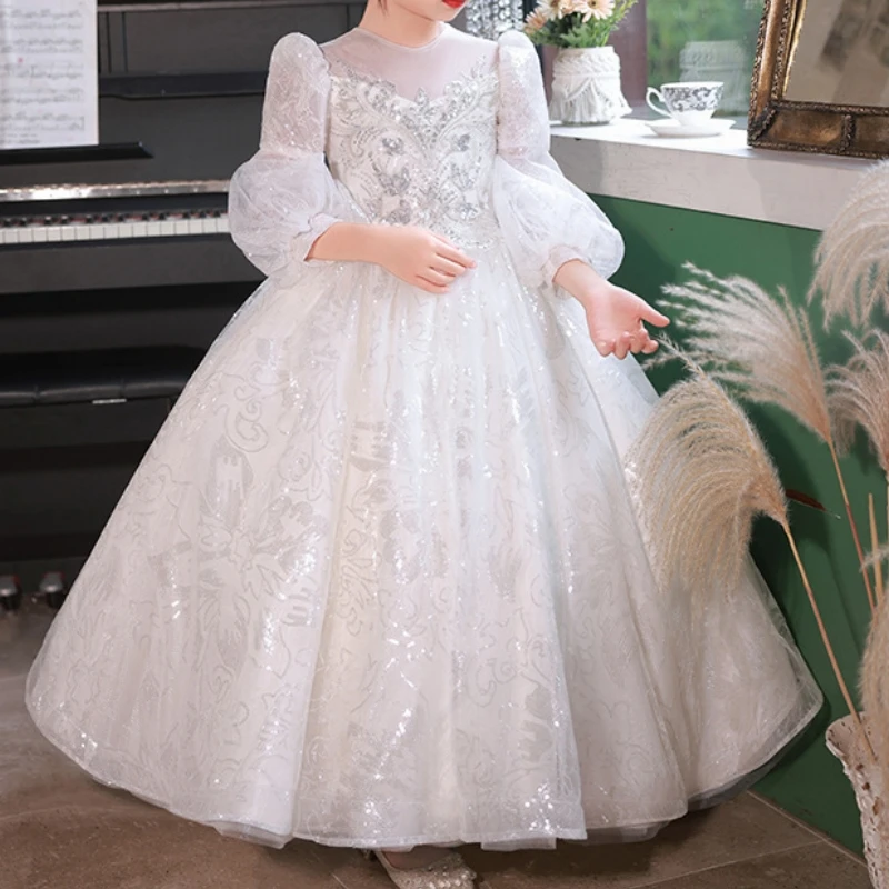 

Charming White Princess Girls Wedding Party Dress 2024 Long Sleeve A Line Children Formal Evening Gown Pageant فستان بناتي للعيد