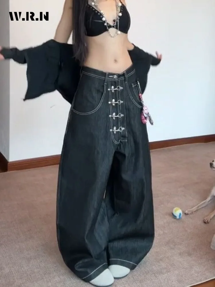 

Женские изогнутые широкие джинсы с металлической пряжкой, прямые мешковатые джинсовые брюки с высокой талией, женские винтажные брюки в уличном стиле