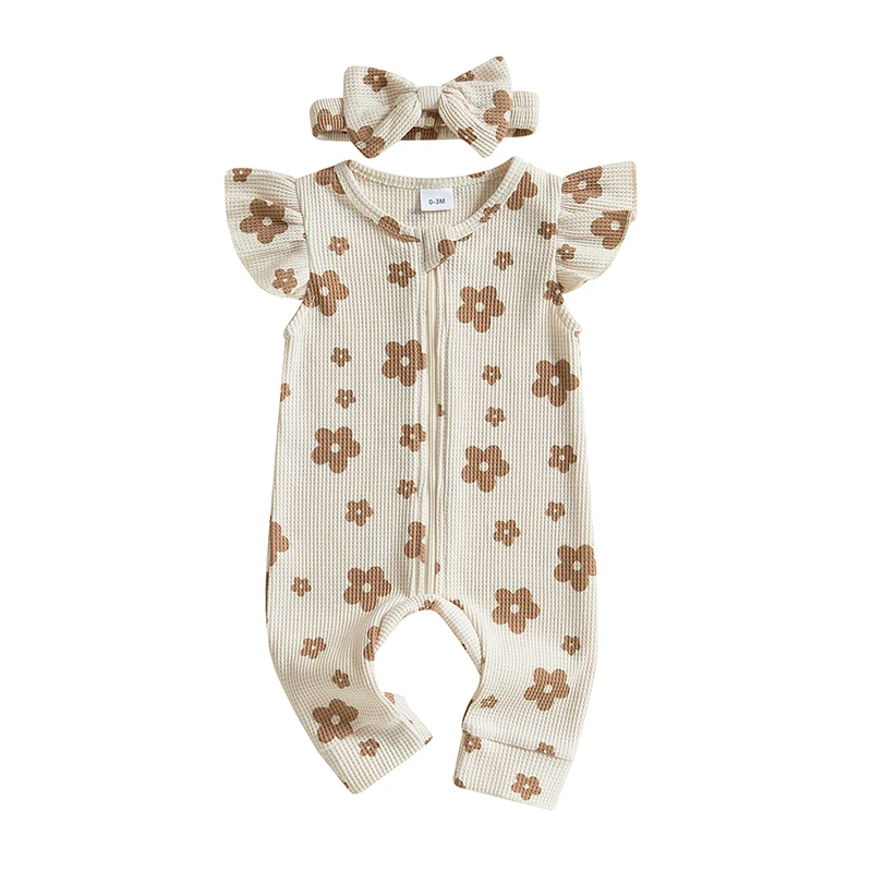 

Baby Girls Summer Outfits Flower Pattern Crew Neck Flying Sleeve Zip Up Newborn Romper with Bow Headband 2 Pcs Set